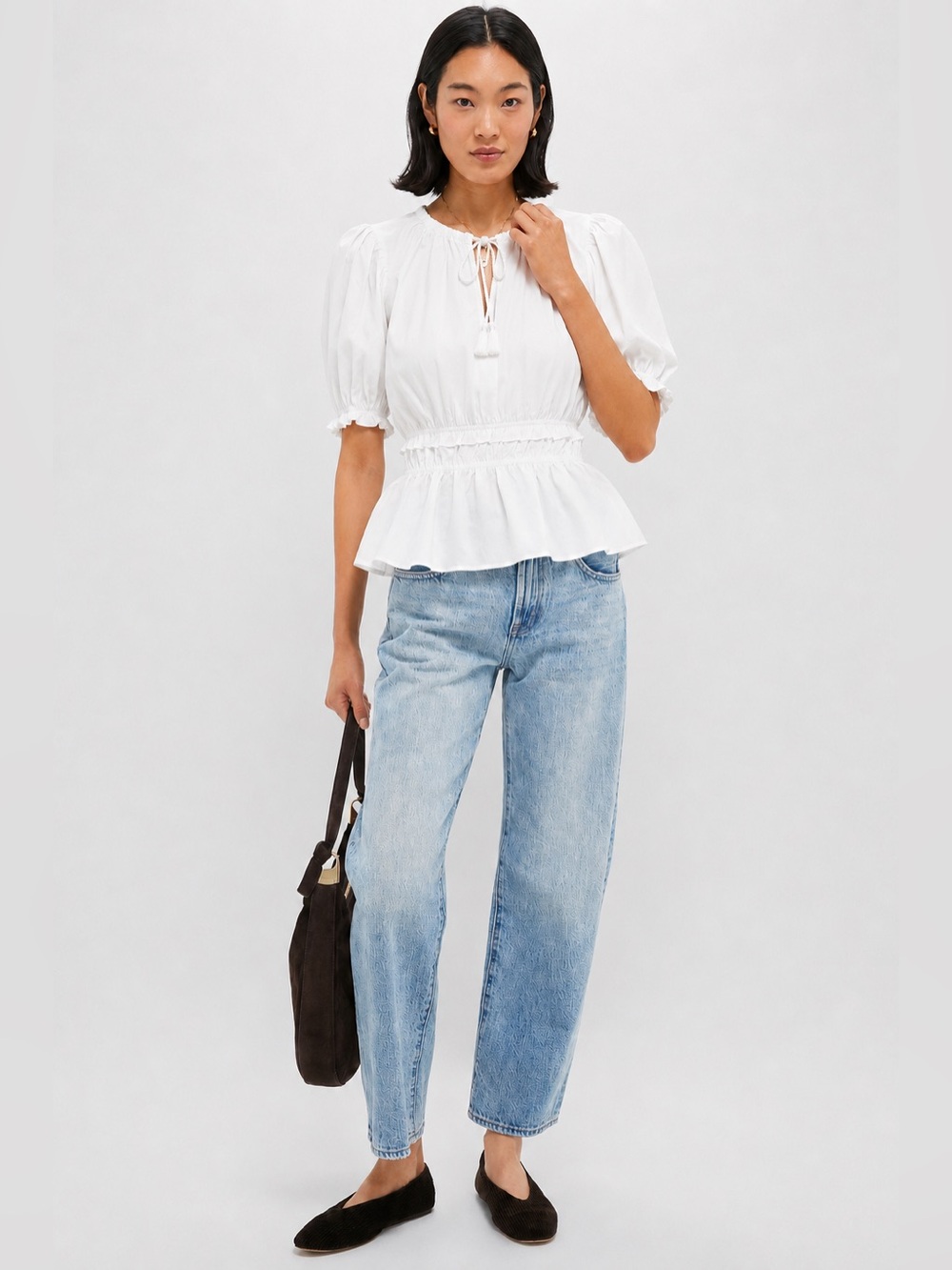 NEW Tuckernuck Moon River Tie Neck Gathered Puff Sleeve Blouse NWT